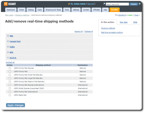 Shipping methods page Admin